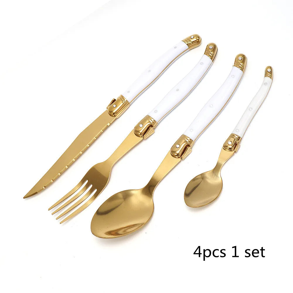 Laguiole Gold Cutlery Set – Stainless Steel Flatware for 3 Flatware Cutlery Set Axl 4pcs 1set