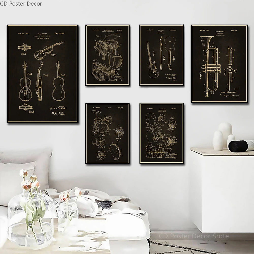 Retro Music Instrument Wall Poster – Trumpet Violin Piano Art Wall Art Poster Axl