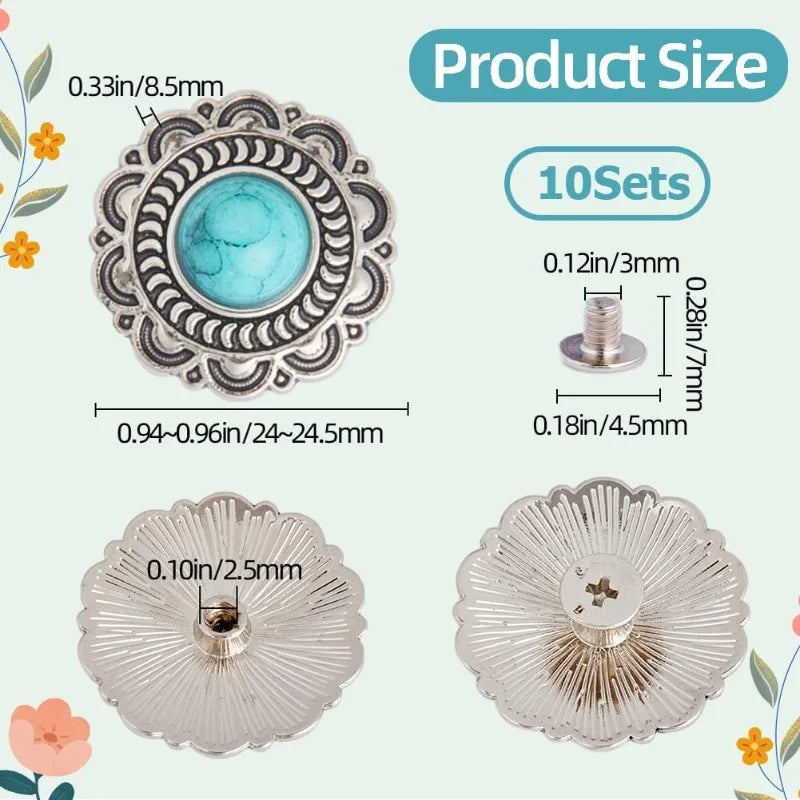 10 Sets Turquoise Screw-Back Snap Buttons | Western Daisy Buckle Decorative Snap Buttons Axl AECH04-05081