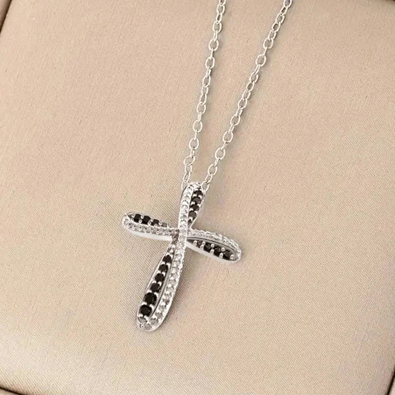 Huitan Cross Pendant Necklace – Black & White Cubic Zirconia Pendant Necklace Axl