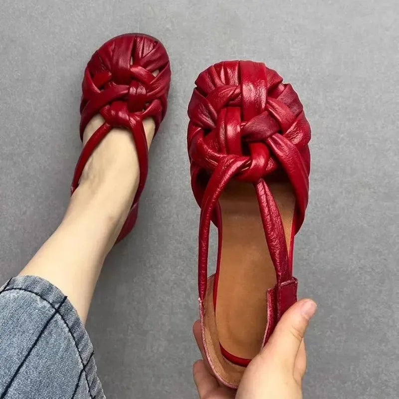 Women's Braided Genuine Leather Flat Slingback Sandals Women's Flat Sandals Axl