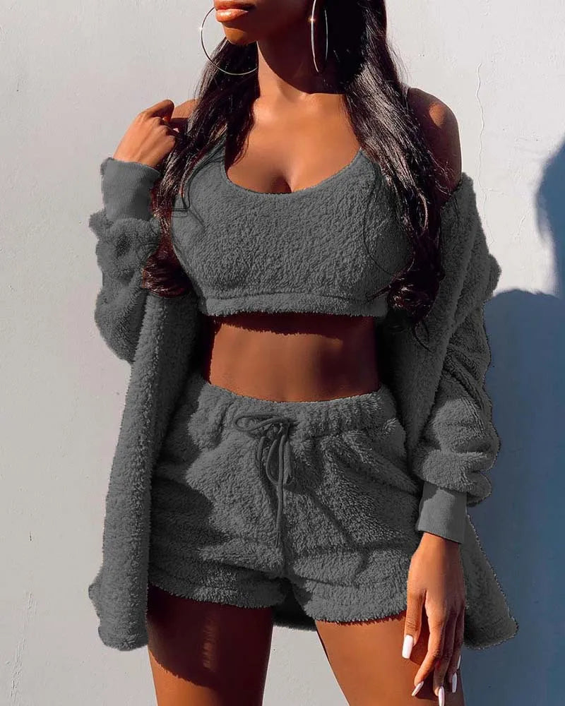 Women's 3-Piece Velvet Fleece Pajamas Set – Crop Top Shorts Coat Women's Pajamas Set Axl dark gray L
