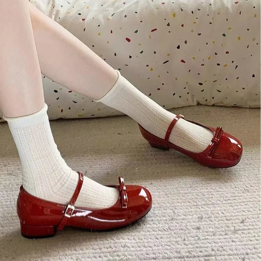 Women's Wine Red Mary Jane Shoes – Butterfly-Knot Block Heel Women's Mary Jane Shoes Axl