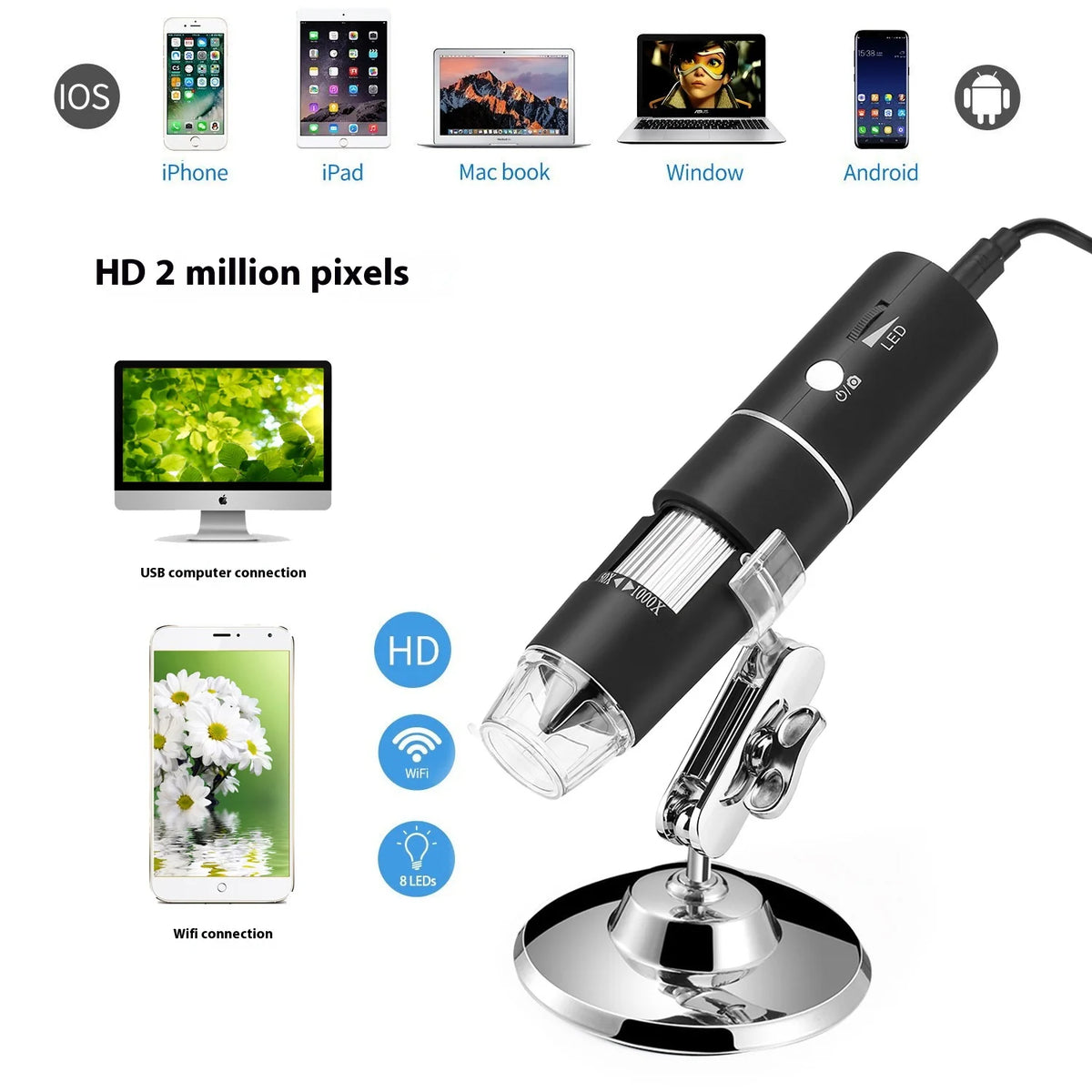 WiFi Handheld Digital Microscope – USB Video Magnifier 1000X Digital Microscope Axl