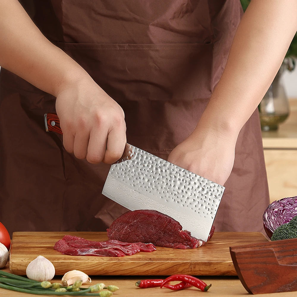 Sunnecko 7" Damascus Steel Cleaver Knife | Pakkawood Handle Damascus Cleaver Knife Axl
