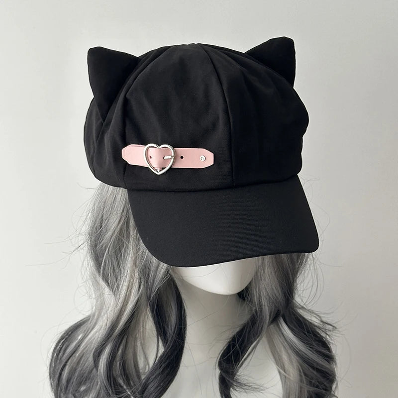Women's Cat Ear Gothic Beret – Y2K Harajuku Punk Cotton Hat Gothic Beret Hat Axl one size Light pink