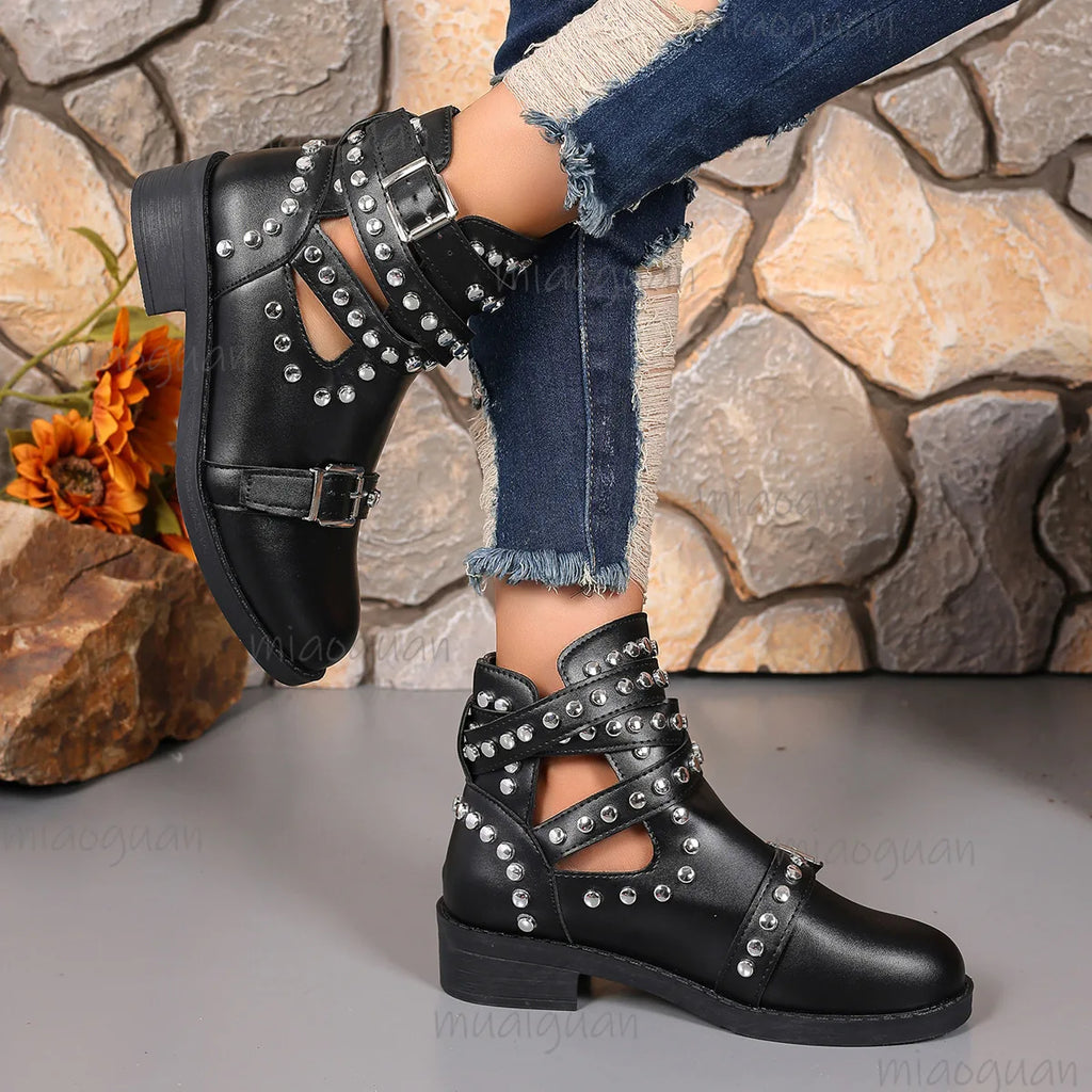 Women's Punk Ankle Boots – Black Rivet Buckle Strap Square Heel Women's Ankle Boots Axl