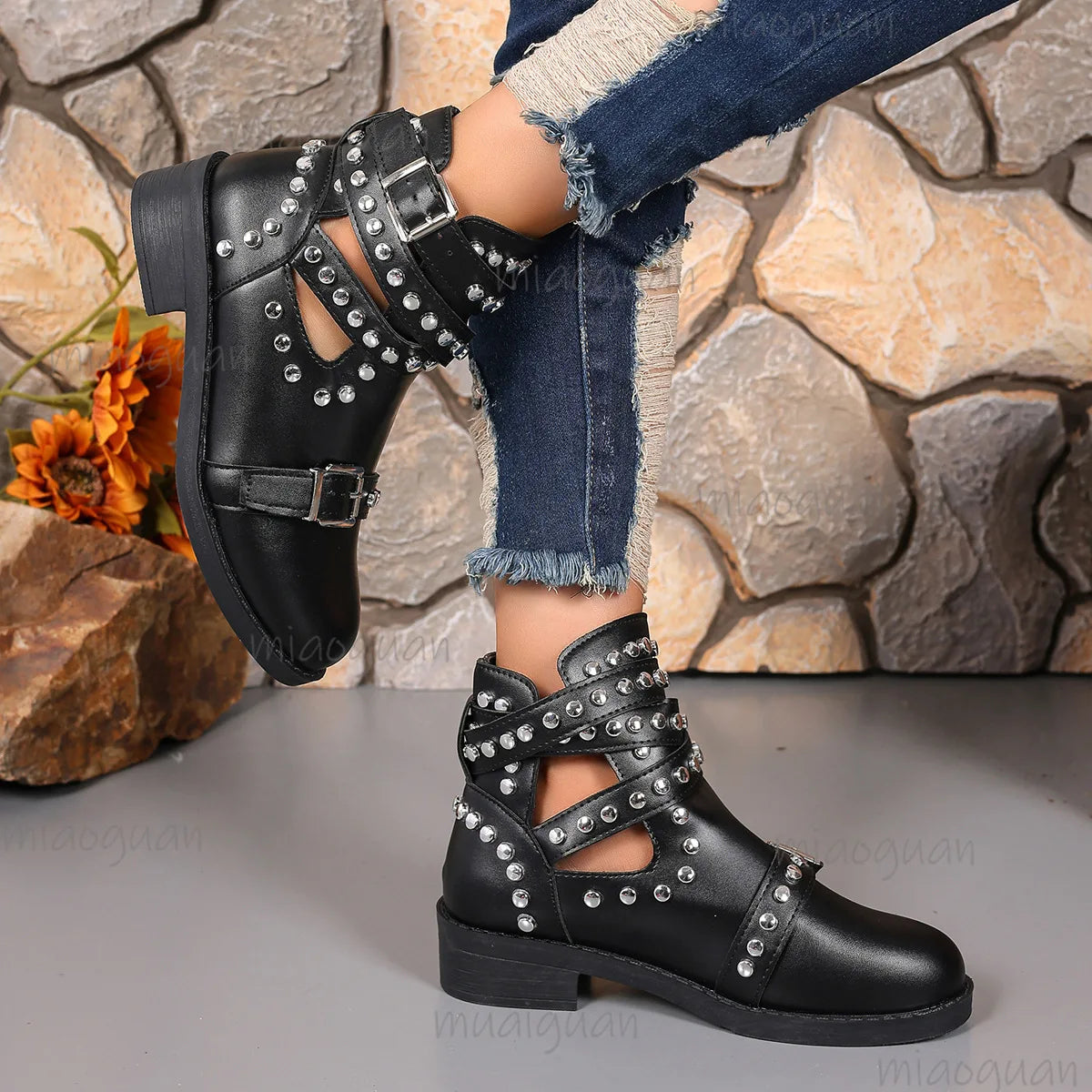 Women's Punk Ankle Boots – Black Rivet Buckle Strap Square Heel Women's Ankle Boots Axl