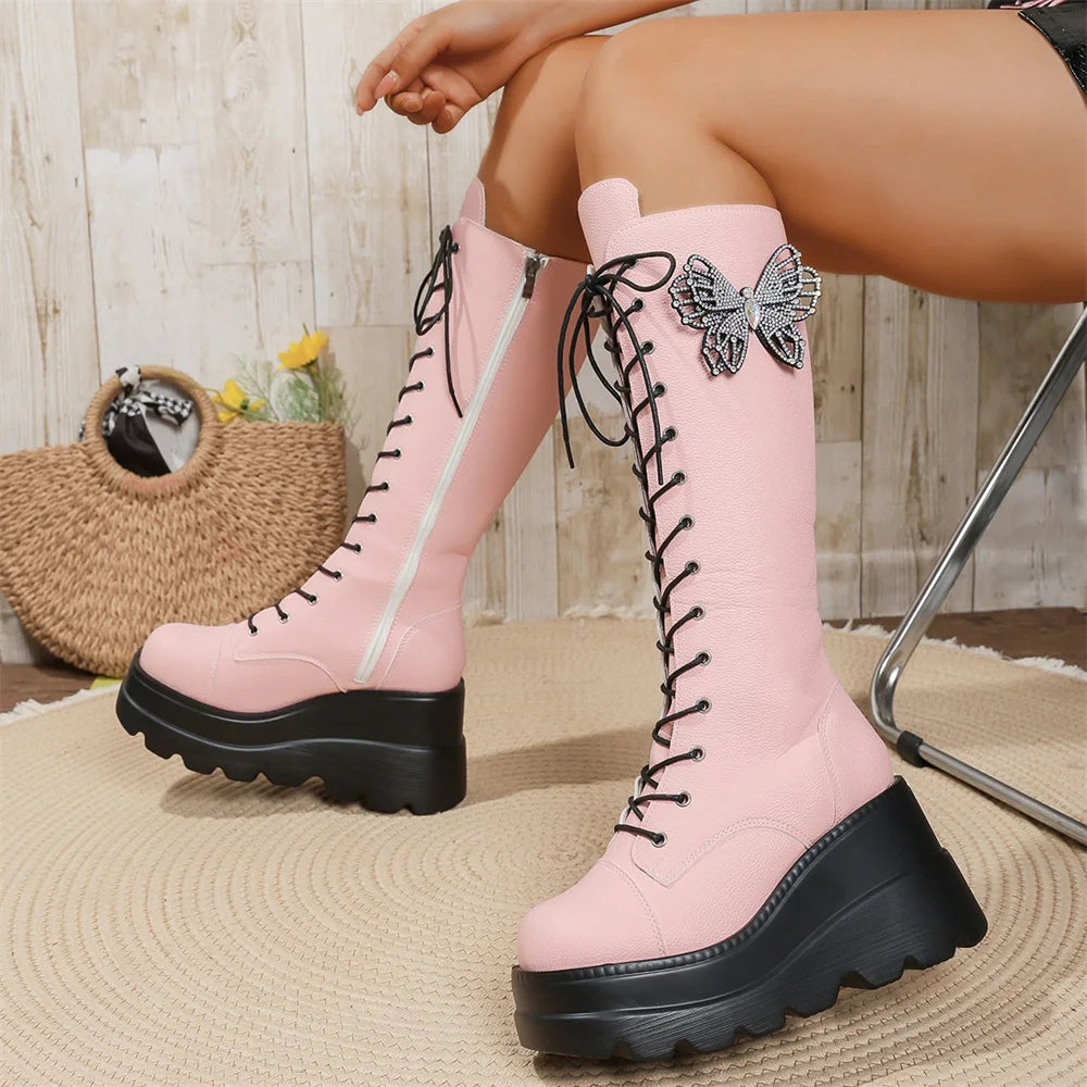Y2K Pink Butterfly Knee-High Platform Wedge Boots Women Platform Wedge Boots Axl