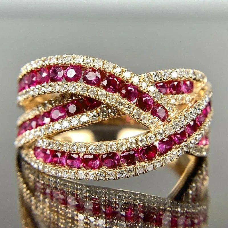 Huitan Rose Red CZ Cross Ring – Women's Wedding Band Fashion Ring Axl