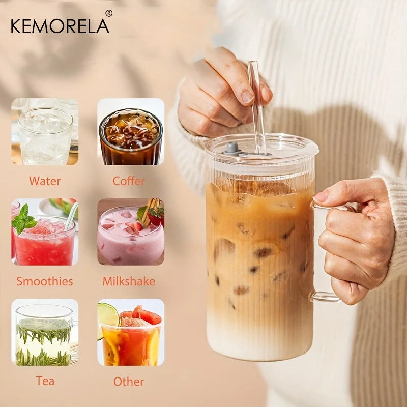 KEMORELA 740ml Ribbed Glass Tumbler with Handle, Lid & Straw Glass Tumbler Set Axl