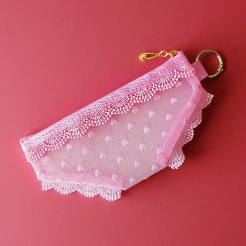 Y2K Briefs Shape Cosmetic Bag – Mesh Lace Makeup Pouch Cosmetic Makeup Bag Axl Pink Heart-Keychain