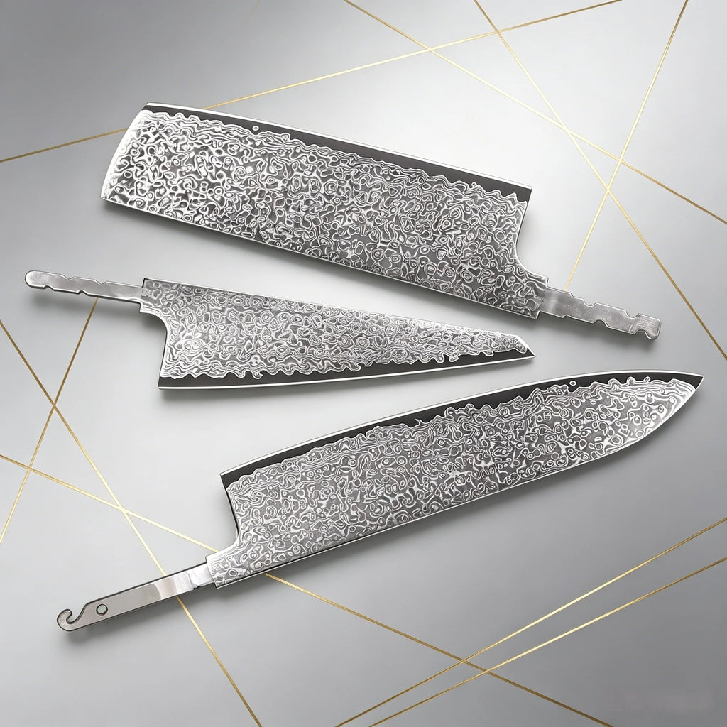 Damascus Steel Blank Blade Set – Chef, Santoku & Nakiri DIY Knife Making Blank Axl