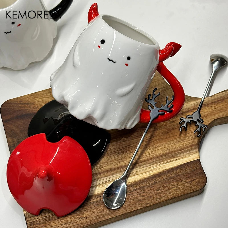KEMORELA Halloween Ceramic Mug with Lid & Spoon 470ml Ceramic Coffee Mug Axl