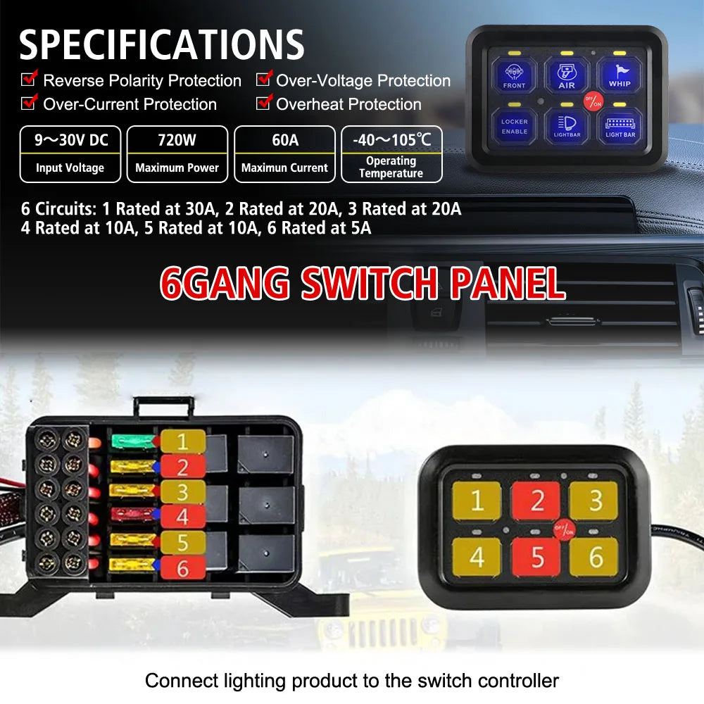 6-Gang Car LED Switch Panel – 12V–30V Auto-Dimming Control LED Switch Panel Axl