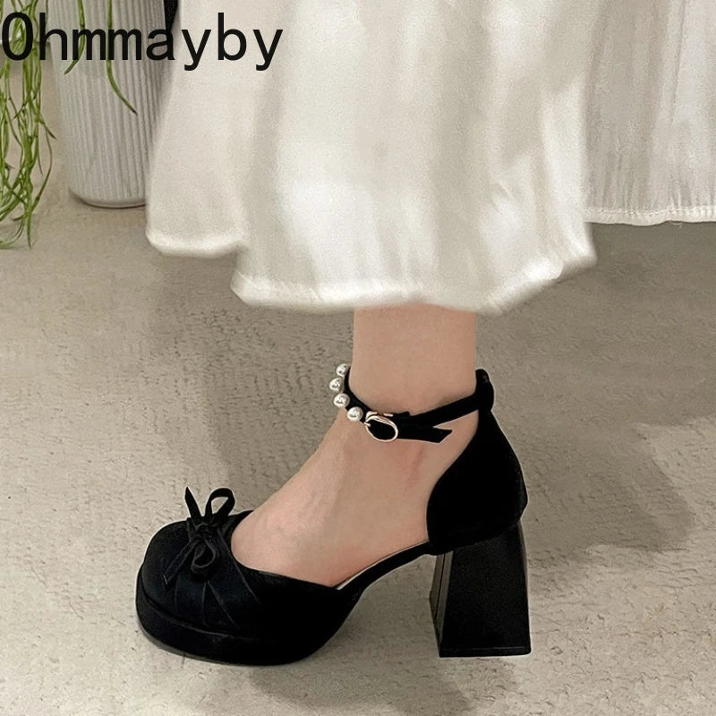 Women's Platform Mary Jane Pumps | Pearl Buckle Bow Heels Platform Mary Jane Pumps Axl