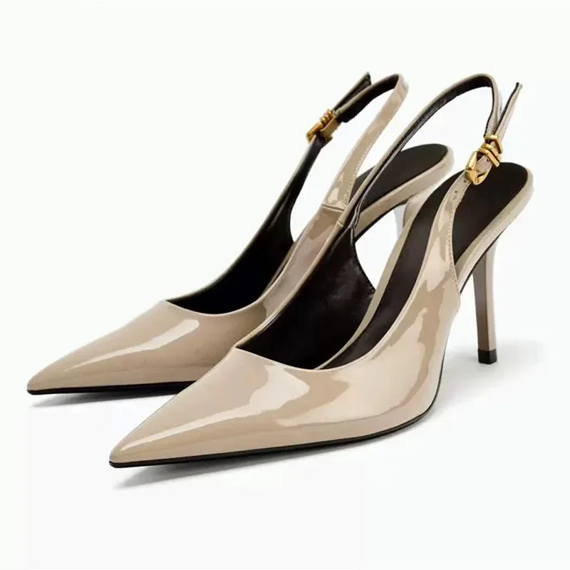 Women's Metal Buckle High Heel Pointed Toe Slingback Sandals High Heel Sandals Axl Beige 35
