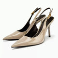 Women's Metal Buckle High Heel Pointed Toe Slingback Sandals High Heel Sandals Axl Beige 35