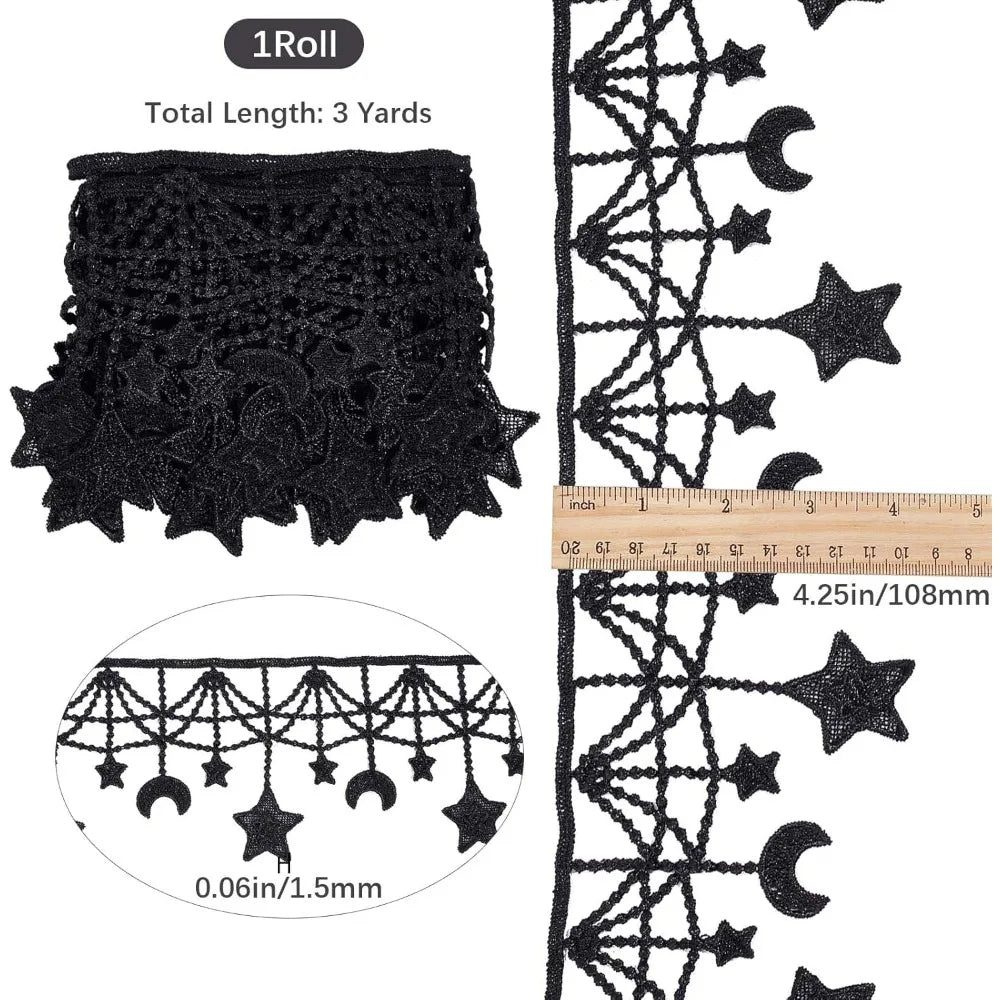 Moon Star Black Lace Trim 3 Yards | Polyester Sewing Ribbon Decorative Lace Trim Axl