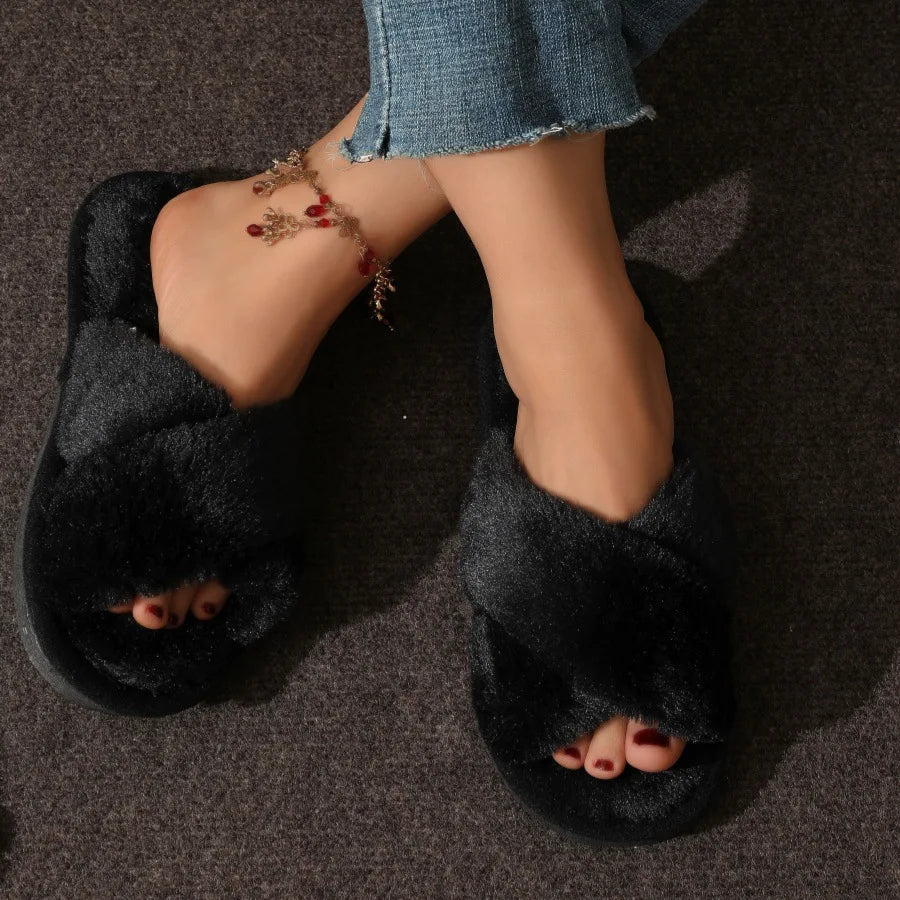 Women's Fluffy Open-Toe Fur Slides – Cozy Indoor Slippers Fur Slide Slippers Axl Black 40-41