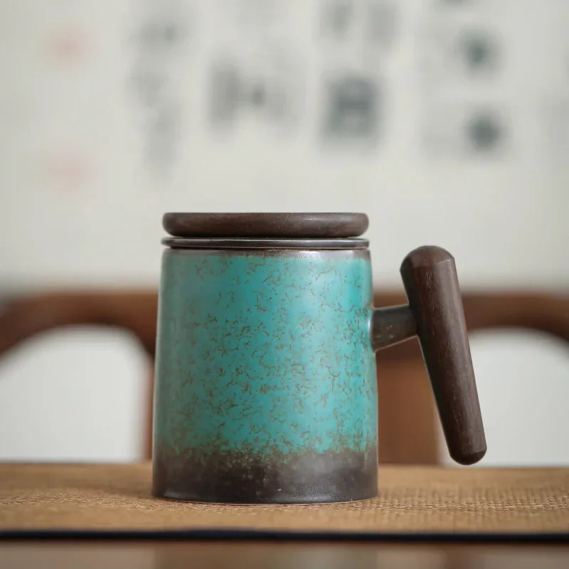 Retro Japanese Ceramic Mug with Lid & Wood Handle | Kiln Baked Ceramic Coffee Mug Axl 301-400ml A