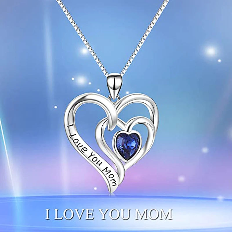 Huitan "I Love You Mom" Heart Blue CZ Pendant Necklace Pendant Necklace Axl