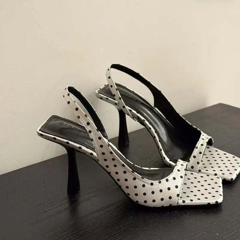Women's Square Toe High Heel Sandals | Polka Dot Slingback Mules High Heel Sandals Axl WHITE 35