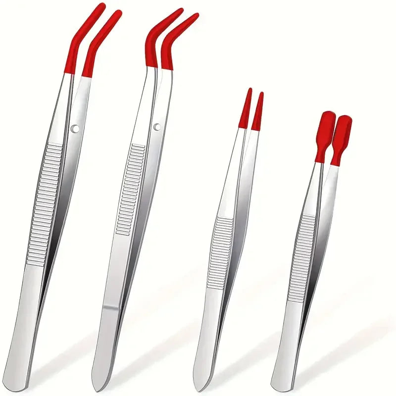 Precision Silicone Coated Tweezers – Flat & Bent Tip, Non-Marring Precision Tweezers Axl Red 4 pcs