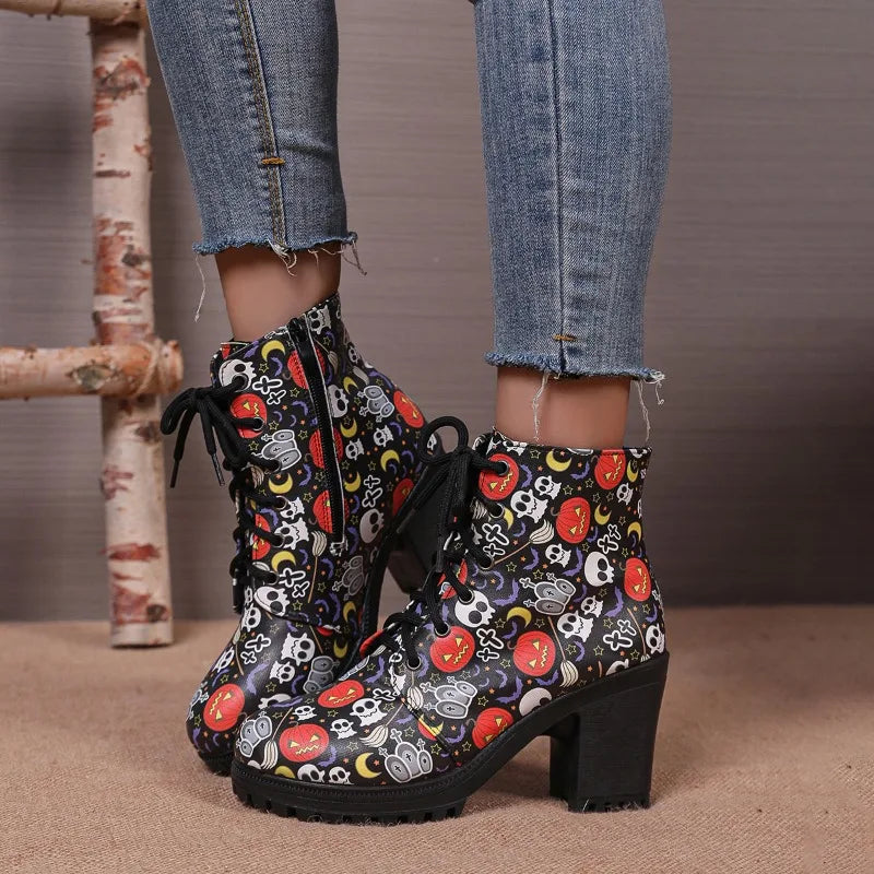 UXST Women's Halloween Printed Platform Ankle Boots | Square Heel Platform Ankle Boots Axl