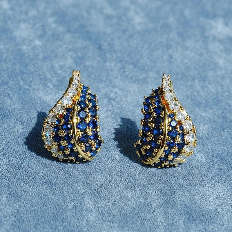 Huitan Teardrop CZ Stud Earrings – Gold Tone Blue & White Stud Earrings Axl