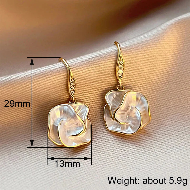 Huitan White Flower Enamel Dangle Earrings | Gold Drop Earrings Dangle Drop Earrings Axl