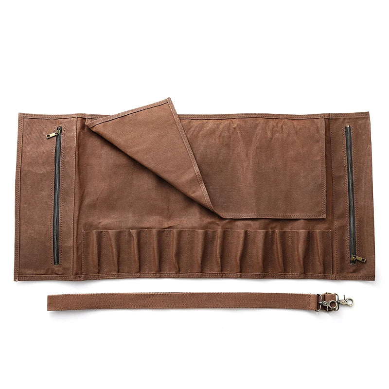XINZUO Canvas Chef Knife Roll Bag – 12 Pockets + 2 Zipper Bags Knife Roll Bag Axl Brown