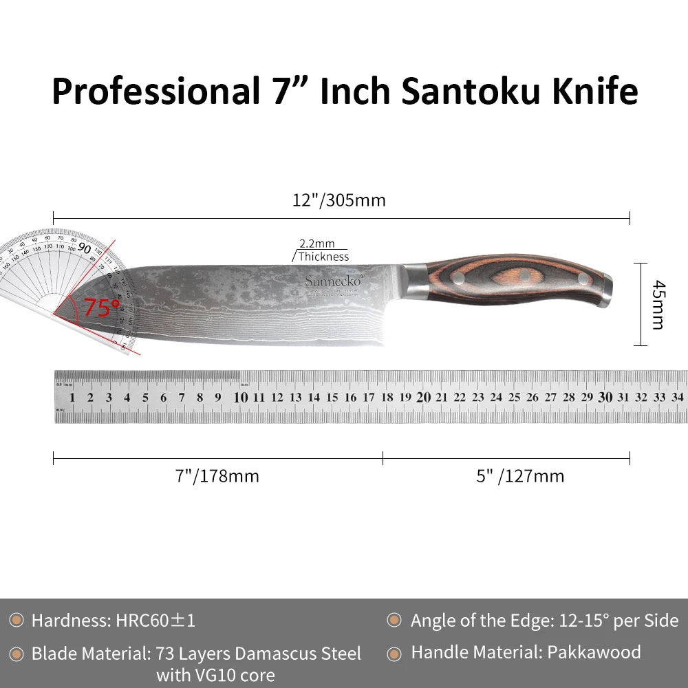 Sunnecko 7" Damascus Santoku Knife – VG10 Ultra Sharp Damascus Santoku Knife Axl