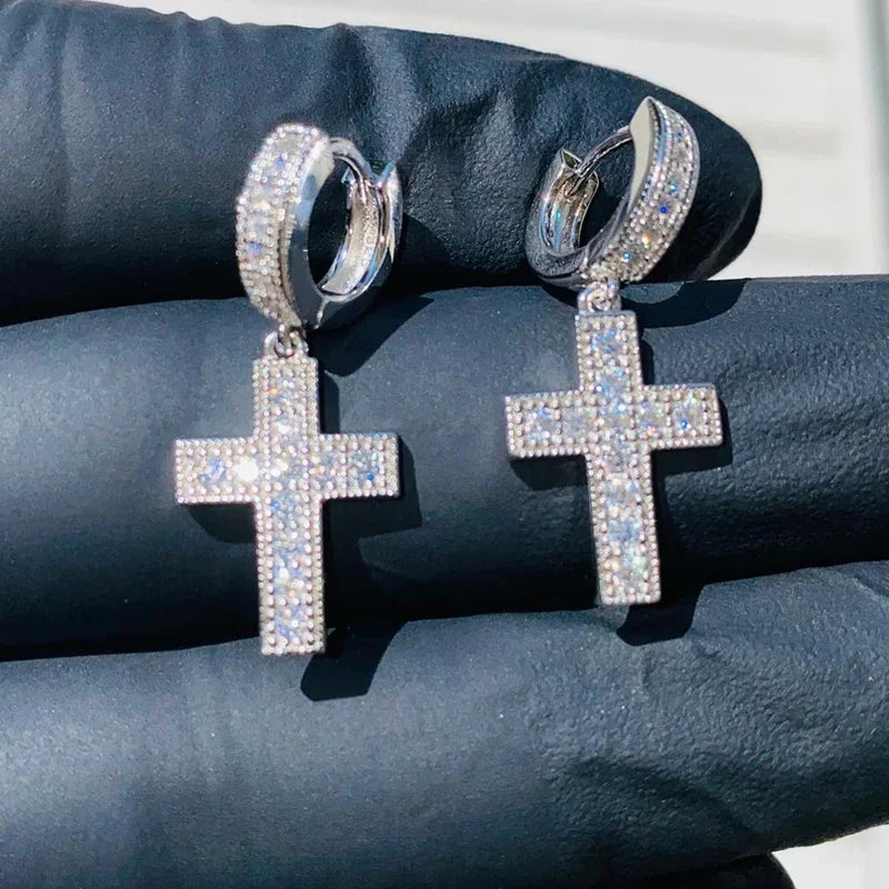 Huitan Crystal CZ Cross Dangle Earrings | Hip Hop Statement Crystal Drop Earrings Axl