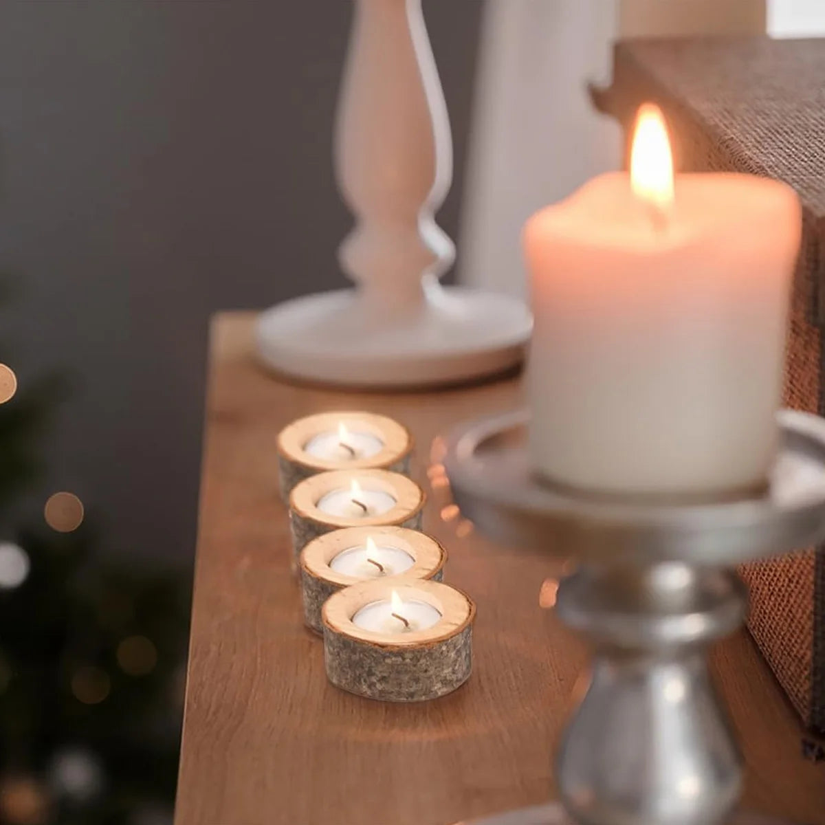 6-Pack Vintage Wooden Tealight Candle Holders – Rustic Décor Candle Holder Set Axl
