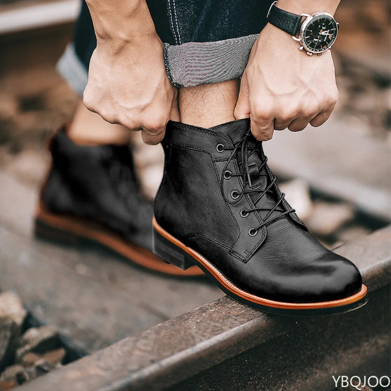 Men's Retro Lace-Up Ankle Boots – Leather-Look Motorcycle Boot Men's Ankle Boots Axl