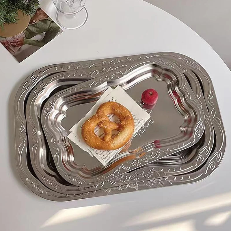 Stainless Steel Rectangular Tray – Embossed Vintage Serving Dish Serving Tray Axl