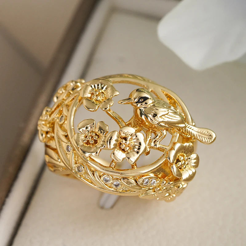 Huitan Gold Hollow Flower Bird Ring – Women's Fashion Jewelry Fashion Ring Axl