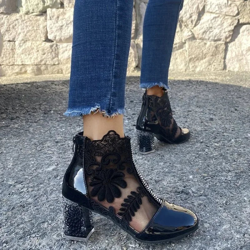 Women's Retro Embroidered Ankle Boots – Platform Block Heel Embroidered Ankle Boots Axl