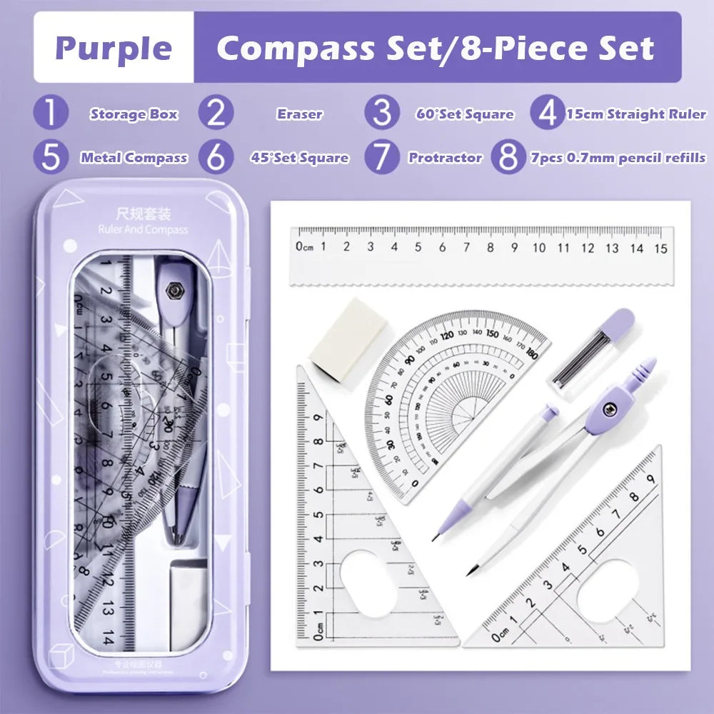 8-Piece Student Geometry Set – Rulers, Compass & Protractor Geometry Drawing Set Axl Purple 8PCS A