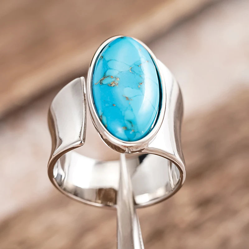 Huitan Bohemia Oval Blue Turquoise Adjustable Ring – Women Fashion Ring Axl
