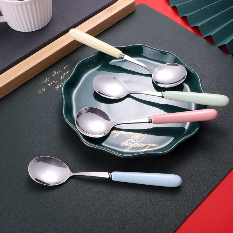 4-Piece Ceramic Handle Dessert Spoons – Stainless Steel Set Dessert Spoon Set Axl