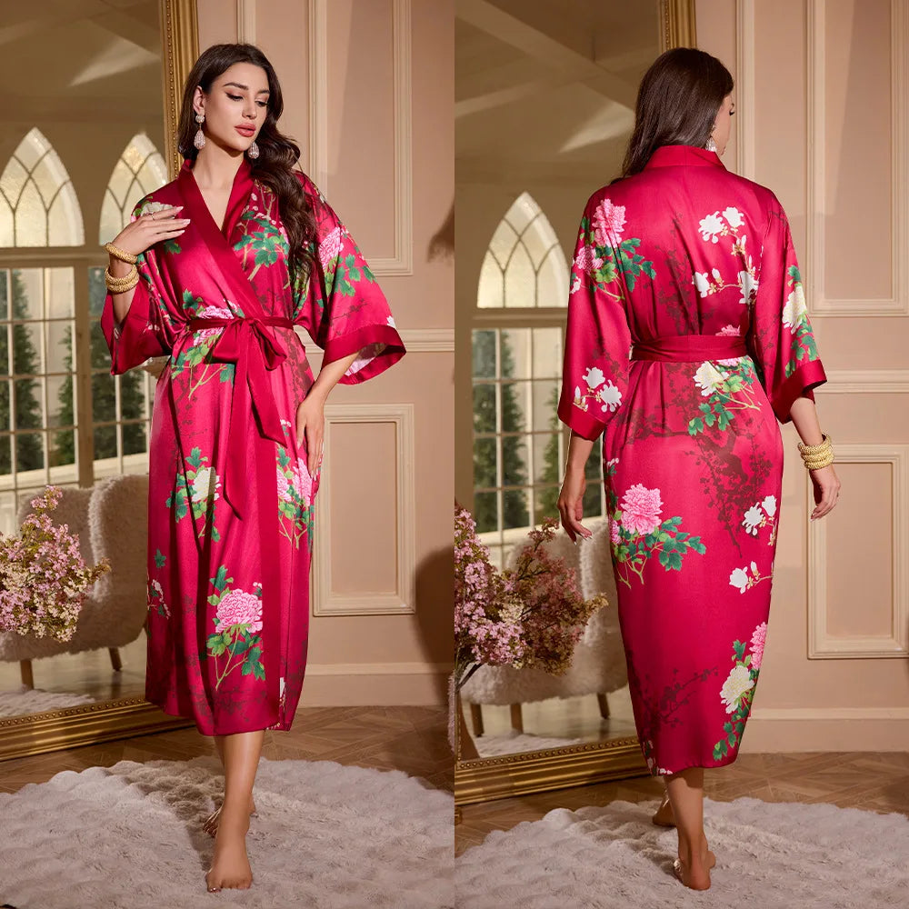Women's Printed Kimono Robe – Long Loose Loungewear Nightgown Kimono Loungewear Robe Axl 16 One Size