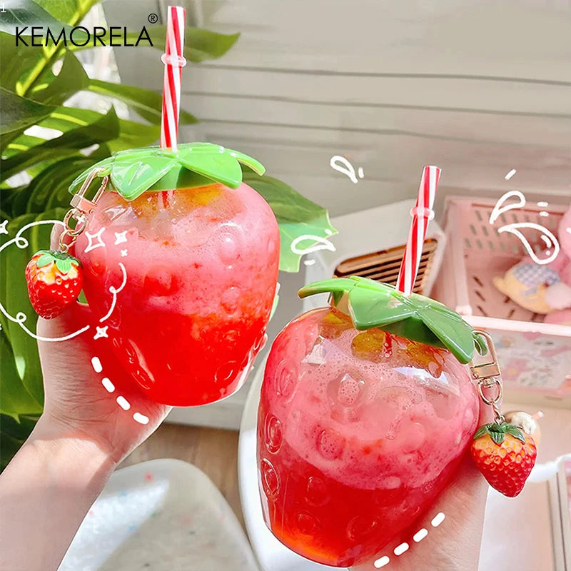 KEMORELA Strawberry Straw Water Bottle – Cute Clear Plastic Cup Straw Water Bottle Axl