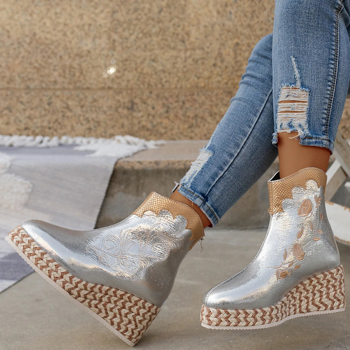 Women's Embroidery Wedge Ankle Boots | Retro Ethnic Platform Wedge Ankle Boots Axl