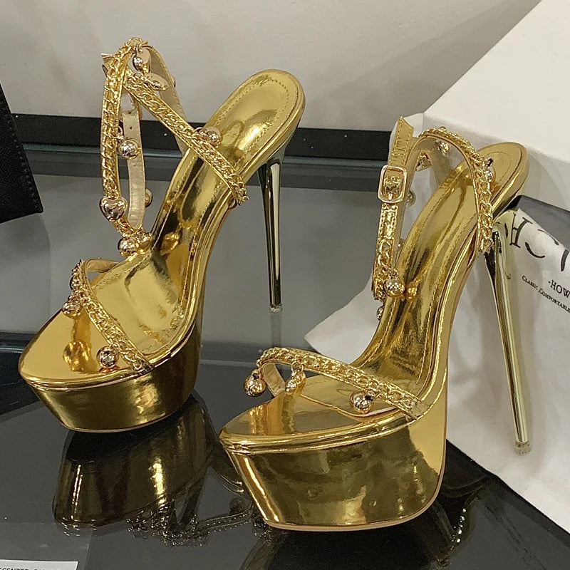 Women's Platform Stiletto Sandals – Gold Buckle High Heels Platform Stiletto Sandals Axl