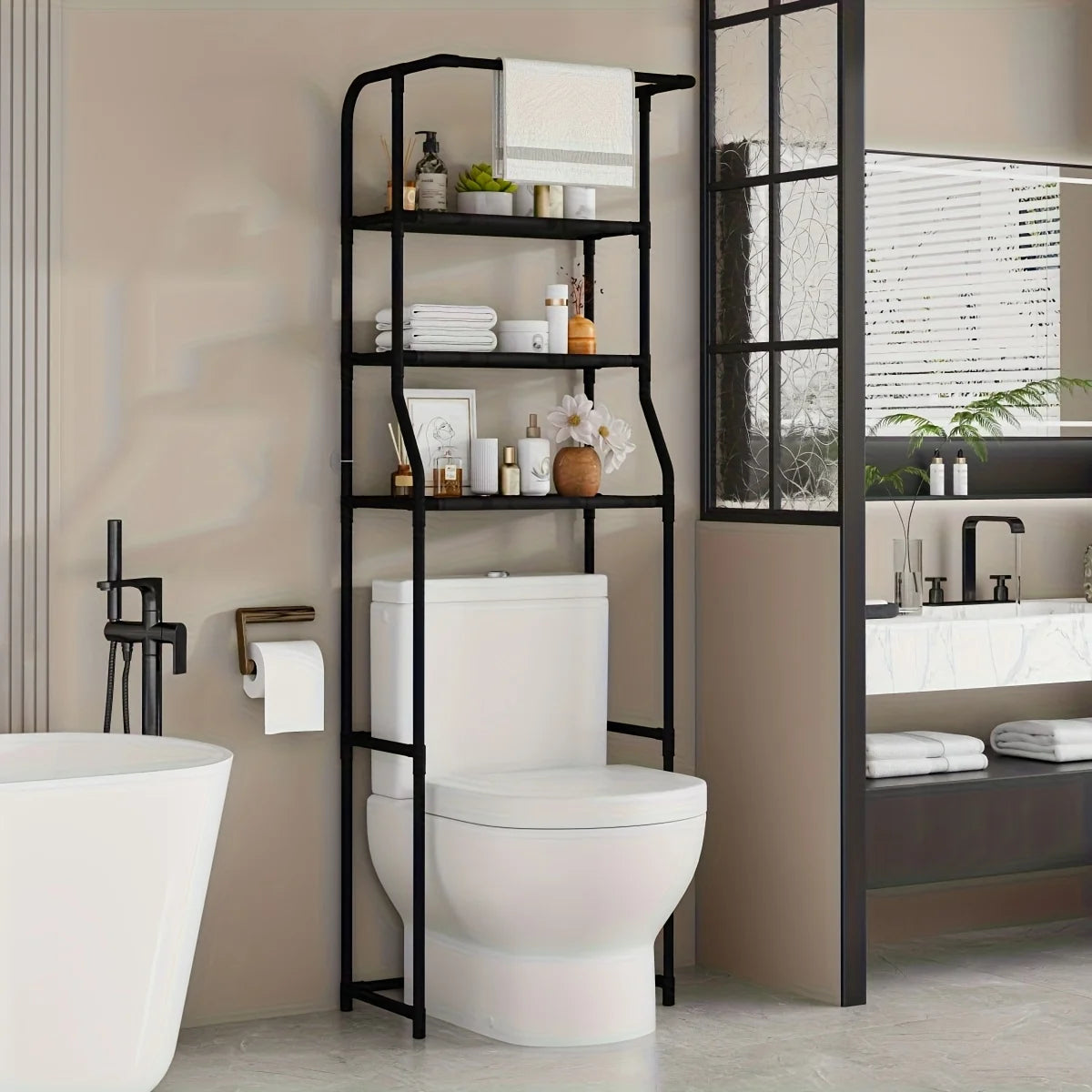 Multi-Layer Bathroom Storage Rack with Toilet Paper Holder Bathroom Storage Rack Axl Black-M