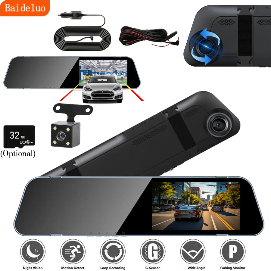 Baideluo 1080P Dash Cam | Rearview Mirror DVR + Rear Camera Car Dash Camera Axl