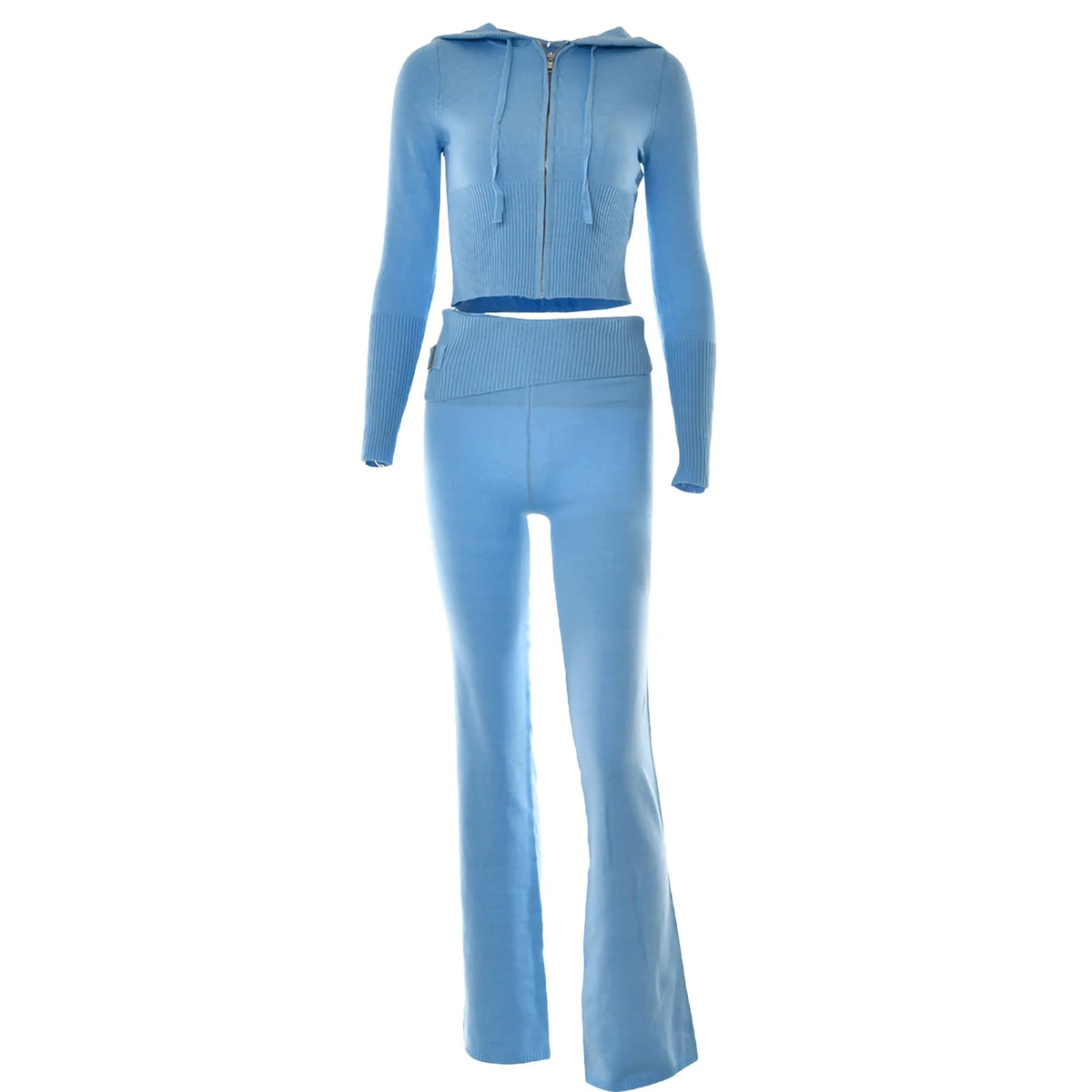 Women's Ribbed Knit Tracksuit – Hooded Crop Top & Flare Pants Women's Tracksuit Set Axl Blue M