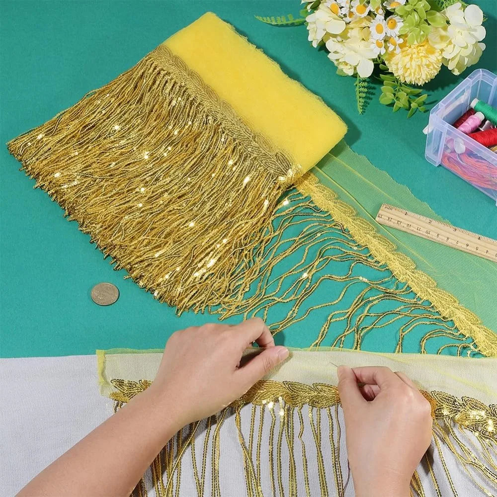 10 Yards Gold Sequin Tassel Fringe Trim Ribbon – 13 Inch Wide Sequin Fringe Trim Axl